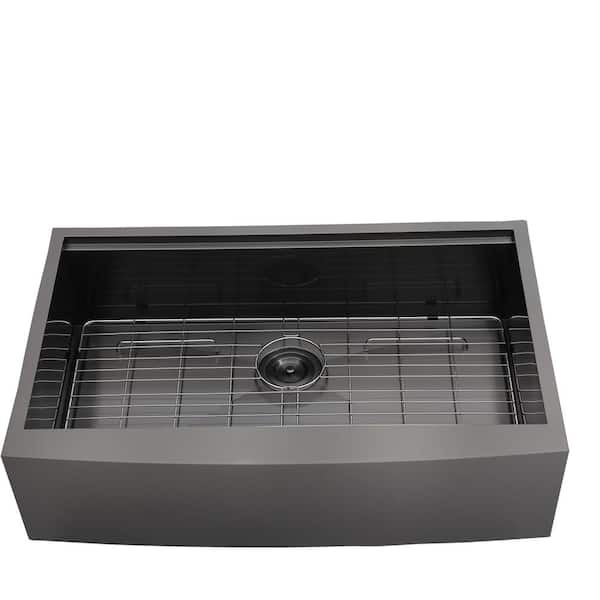 Unbranded Black Stainless Steel 33 in. L Single Bowl Farmhouse Apron Workstation Kitchen Sink With Drainboard