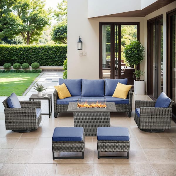Gymojoy Valenta Gray Wicker 7-Piece Patio Conversation Sofa Set Outdoor Furniture Sectional Fire Pit Table and Blue Cushions