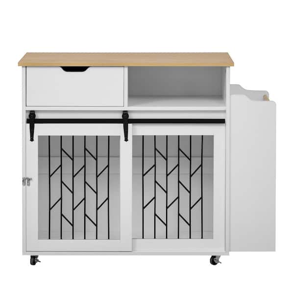 White Wood 41.5 in. Kitchen Island Dog Crate 2-in-1, Kitchen Cart with Drop Leaf, Sliding Door, 1 Drawer and Spice Rack