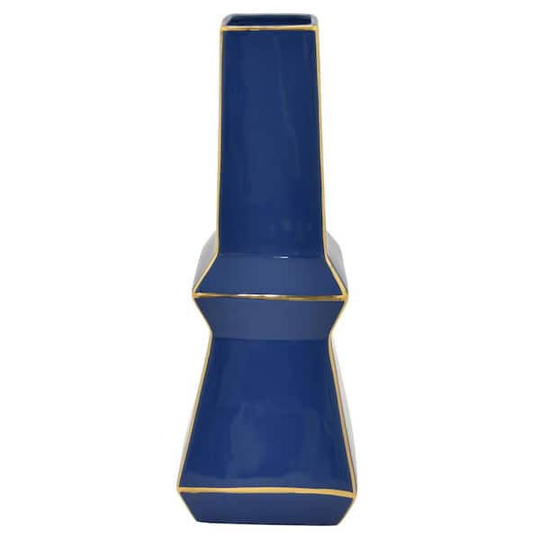 THREE HANDS 14.75 in. Blue and Gold - Blue Porcelain Vase
