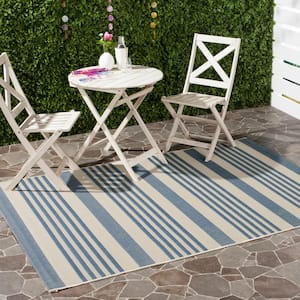 Courtyard Beige/Blue 5 ft. x 5 ft. Square Striped Indoor/Outdoor Patio  Area Rug