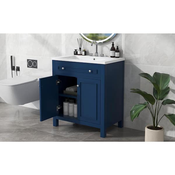 Unbranded 30 in. W x 18 in. D x 34 in. H Single Sink Freestanding Bath Vanity in Blue with White Ceramic Top