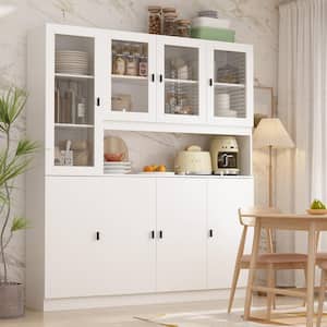 White Wood Combination Storage Cabinet W/Buffet and Hutch, Glass Doors, Shelves (62.9 in. W x 12.2 in. D x 70.9 in. H)