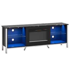 70 in. Freestanding Fireplace TV Stand with Glass Shelves Fits TVs up to 75 in. LED Entertainment Center in Black Marble