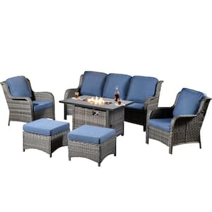 Moonset Gray 6-Piece Wicker Outdoor Patio Rectangular Fire Pit Seating Sofa Set and with Denim Blue Cushions