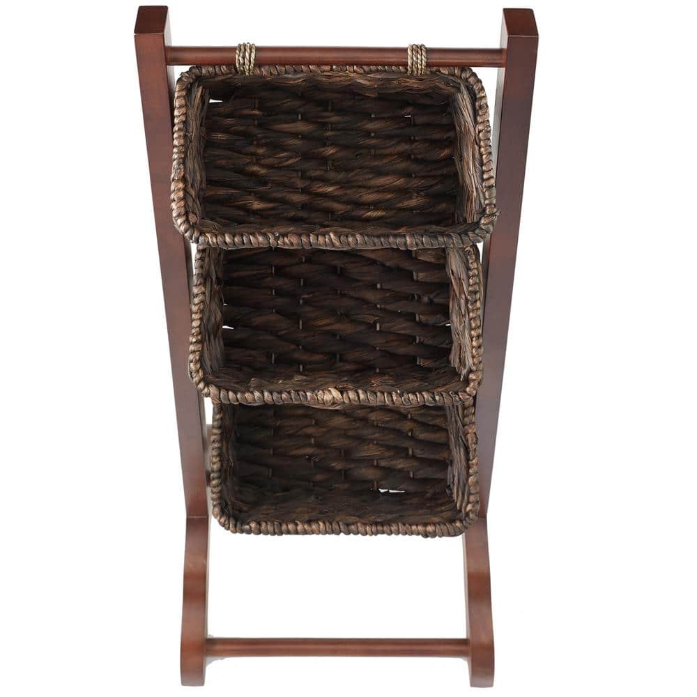 Walnut 3-Tier Floor Stand with Water Hyacinth Baskets
