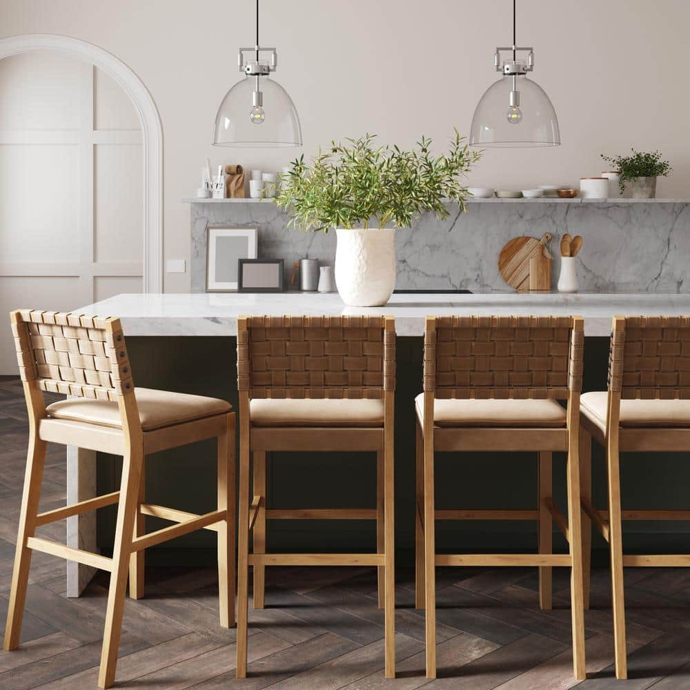 Cohen Natural Brown Wood and Faux Leather Bar Stools, Set of 4