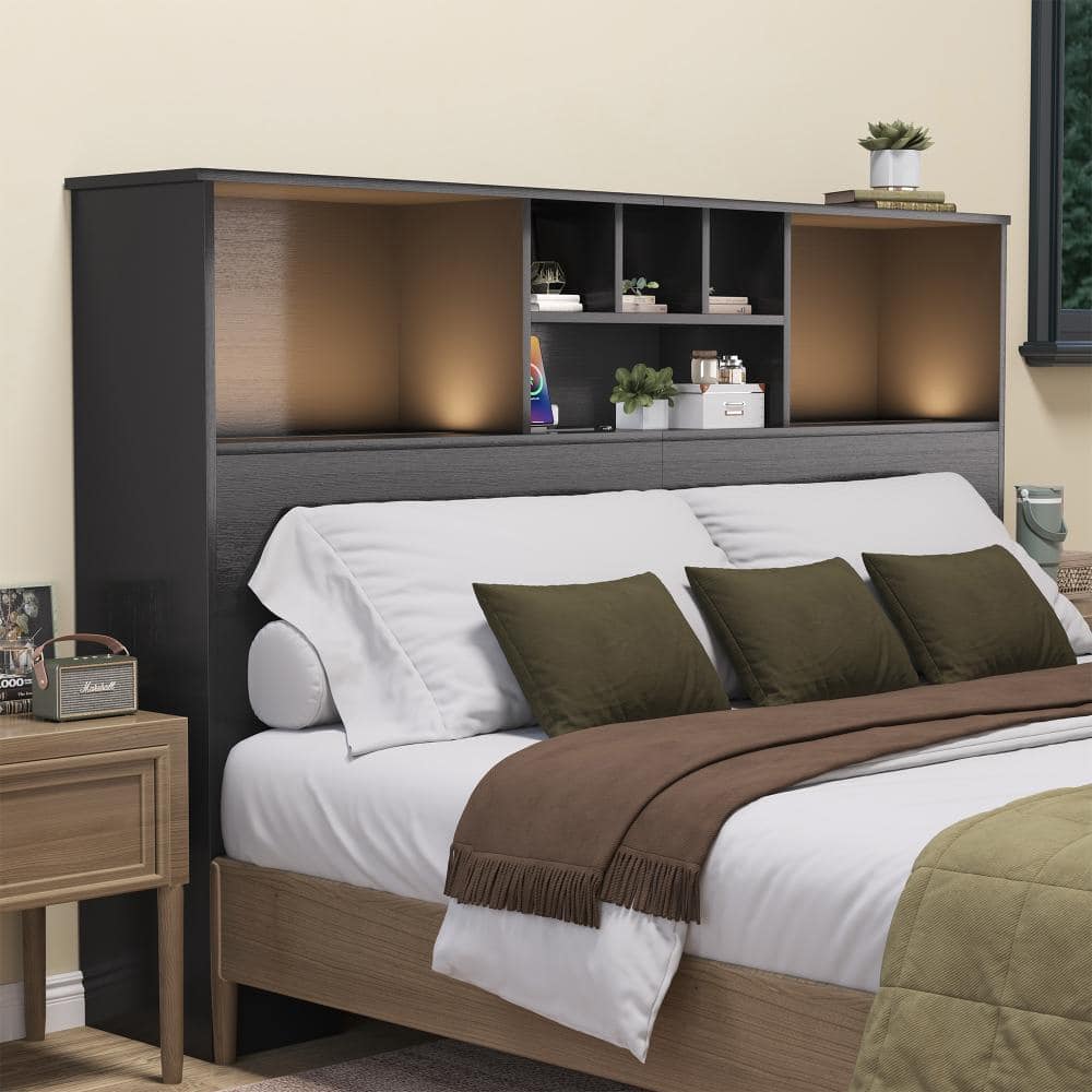 Modern Wooden Bookcase Headboard with Adjustable LED Lights and Charging Station for Queen and King Beds price history on PriceWatchPro