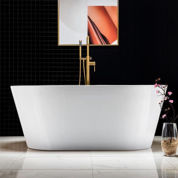 Vicino 59 in. Acrylic Flatbottom Double Ended Bathtub with Brushed Gold Overflow and Drain Included in White