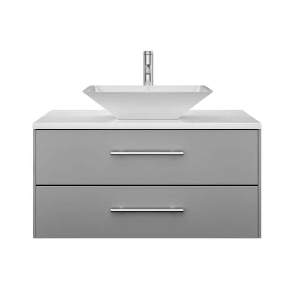 Wave 24 in. Single Sink Floating Gray Bath Vanity with White Quartz Top (Assembled)