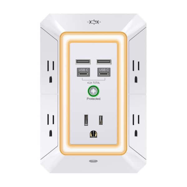3-Sided Outlet Extender with Night Light, Multi Plug Outlet with 5 Outlets and 4 USB Ports(2 USB-C), ETL Listed, White
