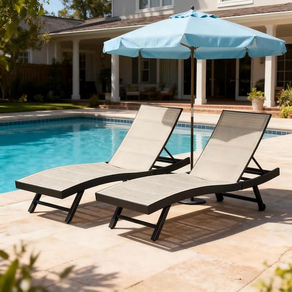 2-Piece Black Metal Adjustable Outdoor Textilene Chaise Lounge for Poolside, Lawn