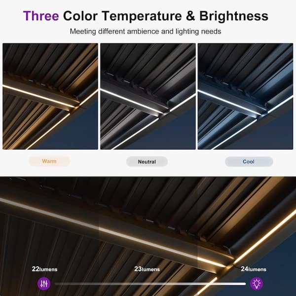 10.2 ft. x 12.3 ft. Gray Aluminum Outdoor Louvered Pergola with 2-Individual Adjustable Sunshade Roofs and LED Lights