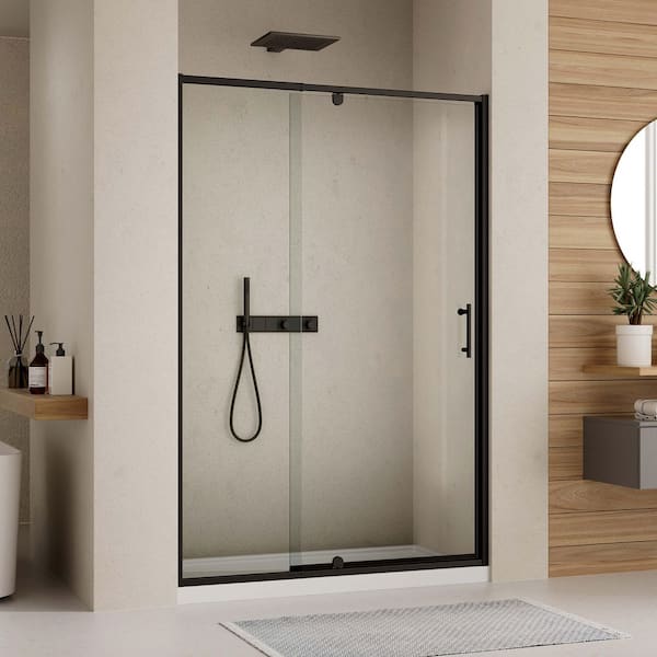 Modern 60 in. W x 71 in. H Pivot Swing Semi-Frameless Shower Door in Matte Black Finish with 1/4 in. (6mm) Clear Glass