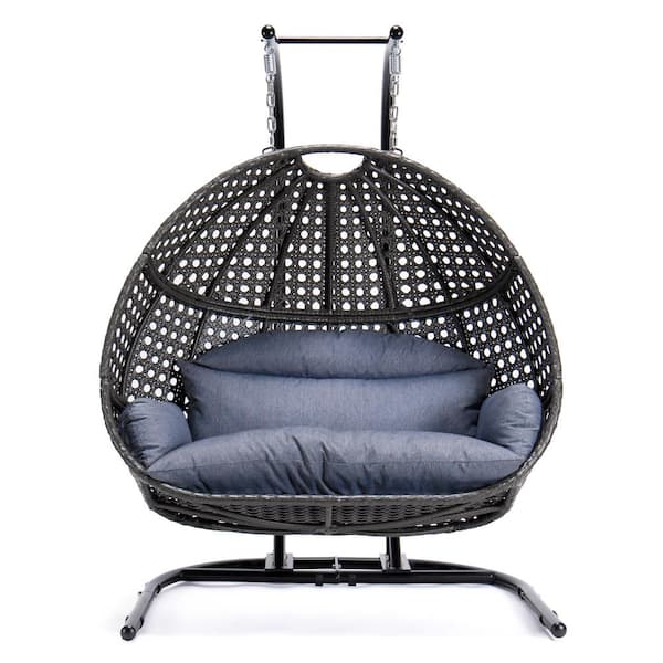 Misopily 2-Person Gray All-Weather Wicker Outdoor Patio Swing Chair with Stand & Powder Coated Steel Frame in Dust Blue Cushions