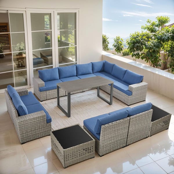ModNest Taupe 13-Piece Wicker Patio Conversation Set, Modular Sofa Set with Navy Blue Cushions and Dining Table