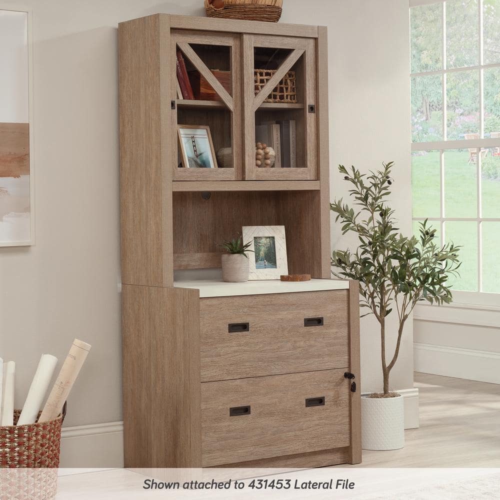 Brushed Oak 2-Drawer Lockable Lateral File Cabinet with Pebble White Accent