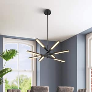 Albany 8-Light Dimmable Integrated LED 3000K Warm Light Satin Black 4-Tiered Linear Sputnik Chandelier for Dining Room