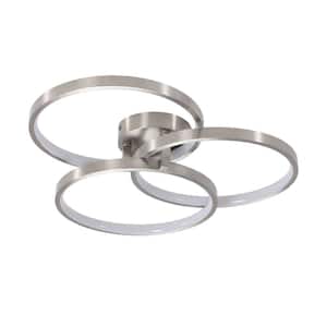 19.69 in. 3-Light Integrated LED Chrome Luxurious Nordic Semi-Flush Mount with Inner Ring Chandelier for Bed Dining Room