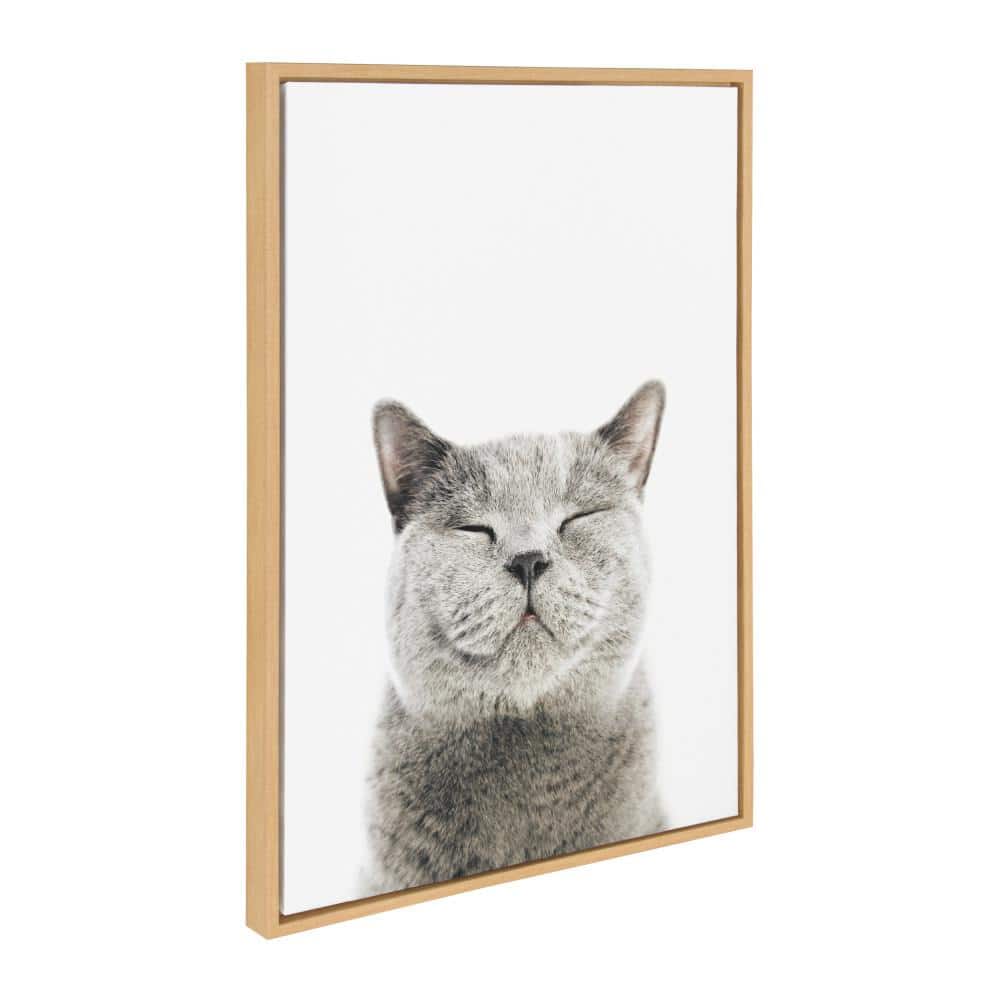 Smiling Gray Cat Canvas Print with Natural Wood Frame