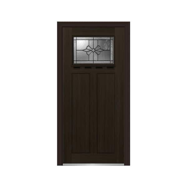 MMI Door 36 in. x 80 in. Dahlia Right-Hand Inswing 1-Lite Decorative Craftsman Stained Fiberglass Fir Prehung Front Door w/ Shelf