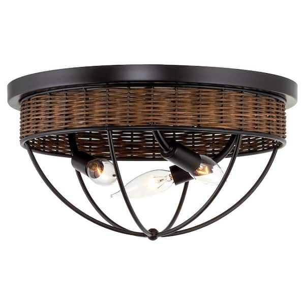 Kira Home Dunmore 14 in. 3-Light Oil-Rubbed Bronze Farmhouse Flush Mount with Open Dome Style Metal Shade, No Bulb Included