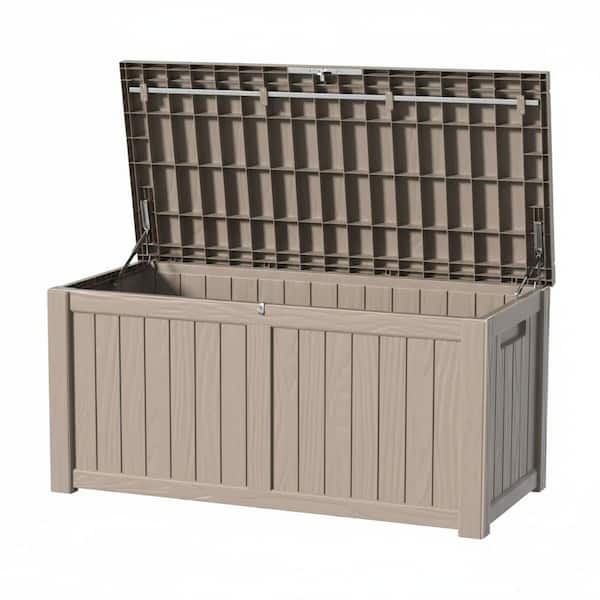 120 Gal. Brown Resin Deck Box with Hydraulic Lid Support for Patio