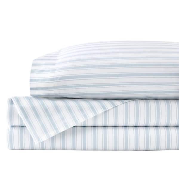 StyleWell Cotton Percale Crystal Bay Blue and White Stripe 4-Piece Full Sheet Set