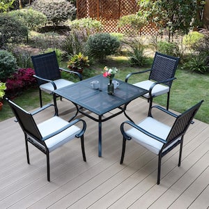 Black 5-Piece Metal Patio Outdoor Dining Set with Square Table and Rattan Arm Chairs with Beige Cushion
