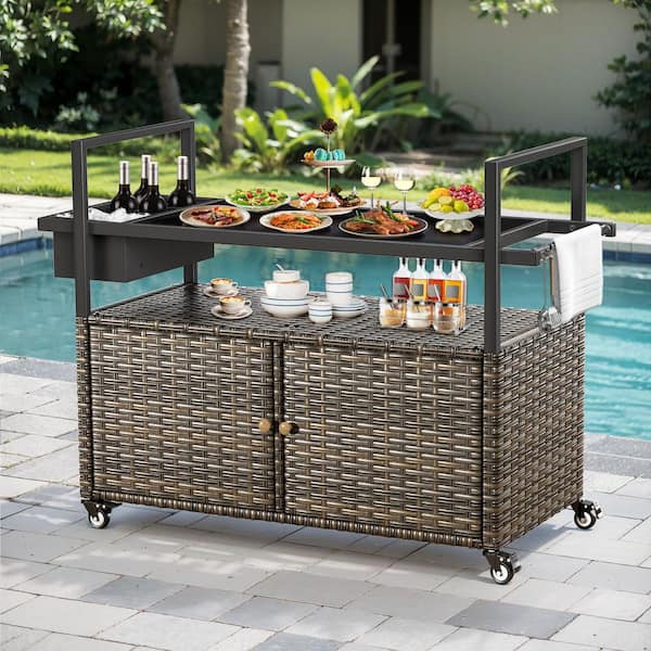 moosprr Gray Wicker Outdoor Bar Serving Cart Mobile Food Cart with Black Tempered Glass Top and Lockable Wheels