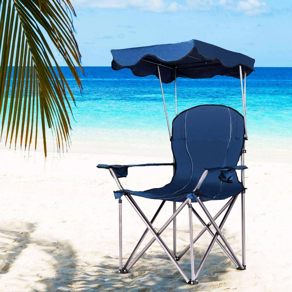 Blue Portable Folding Camping Chair with Canopy and Cup Holders