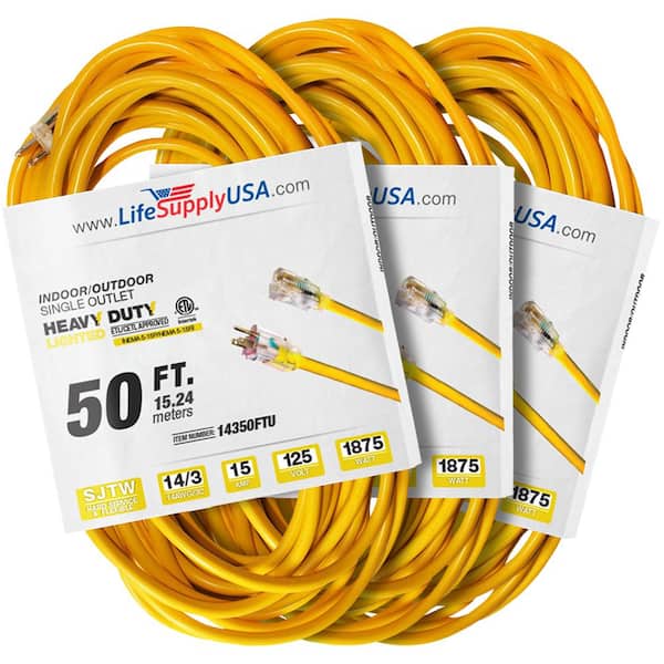 LifeSupplyUSA 50 ft. 14-Gauge/3-Conductors SJTW 15 Amp Indoor/Outdoor Extension Cord with Lighted End Yellow (3-Pack)