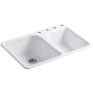 Executive Chef Drop-In Cast Iron 33 in. 4-Hole Double Bowl Kitchen Sink in White