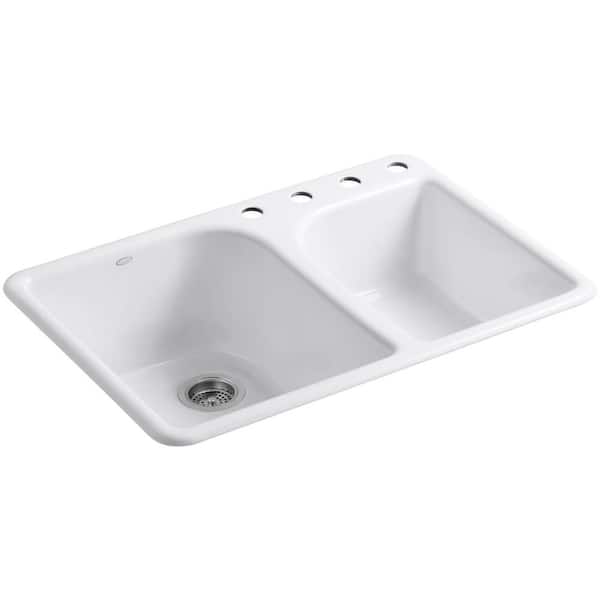 KOHLER Executive Chef Drop-In Cast Iron 33 in. 4-Hole Double Bowl Kitchen Sink in White