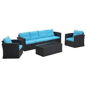 7-Pieces Outdoor Rattan Sectional Sofa Patio Wicker Furniture Sets with Coffee Table and Blue Cushions