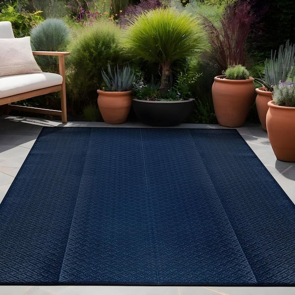 Jewel Navy 9 ft. x 12 ft. Diamond Geometric Washable Trellis Reversible Indoor Outdoor Area Rug
