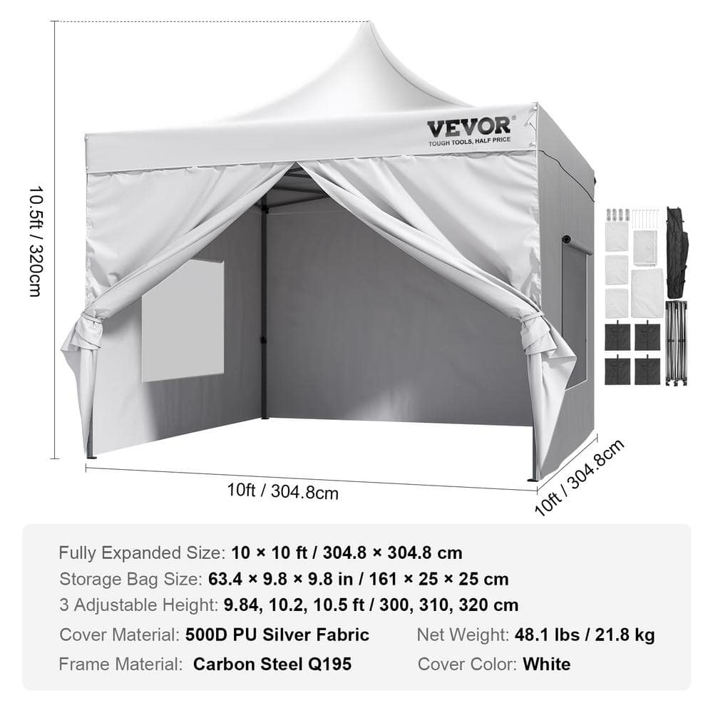 White 10x10ft Pop-Up Canopy Tent with Sidewalls and Bag
