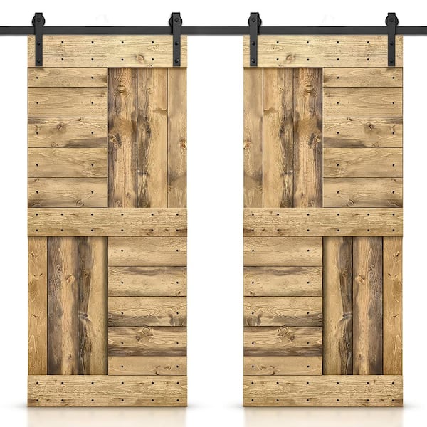 CALHOME 48 in. x 84 in. Weather Oak Stained DIY Knotty Pine Wood Interior Double Sliding Barn Door with Hardware Kit