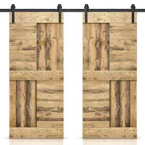 60 in. x 84 in. Weather Oak Stained DIY Knotty Pine Wood Interior Double Sliding Barn Door with Hardware Kit