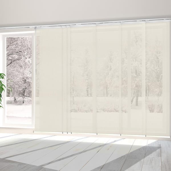 EMOH Ivory Mesh 110 in.- 153 in. W x 116 in. L Adjustable 7-Panel White Single Rail Panel Track with 23.5 in. Slates