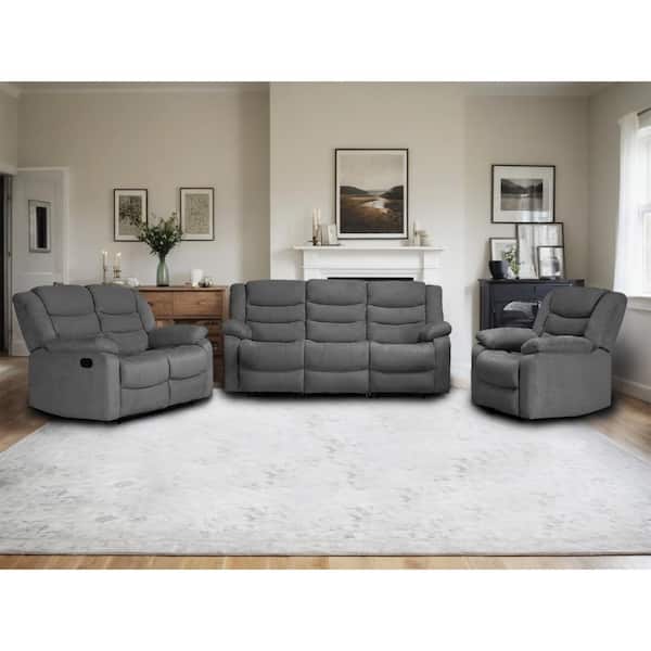 Ellesophas Modern 3-Piece Gray Manual Reclining Living Room Sofa Set ...