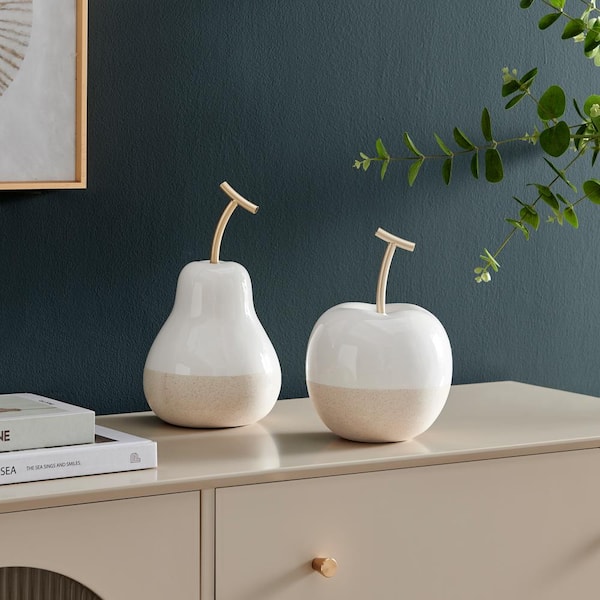 DANYA B Vost Dipped Fruit Decorative Accent Ceramic Sculpture Figure Set of 2-Large-White/Cream