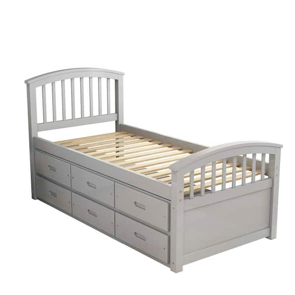 wetiny Gray Wood Frame Twin Platform Bed with Storage