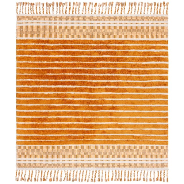 Cotton Kilim 6 ft. x 6 ft. Square Natural/Gold Bohemian Striped Area Rug