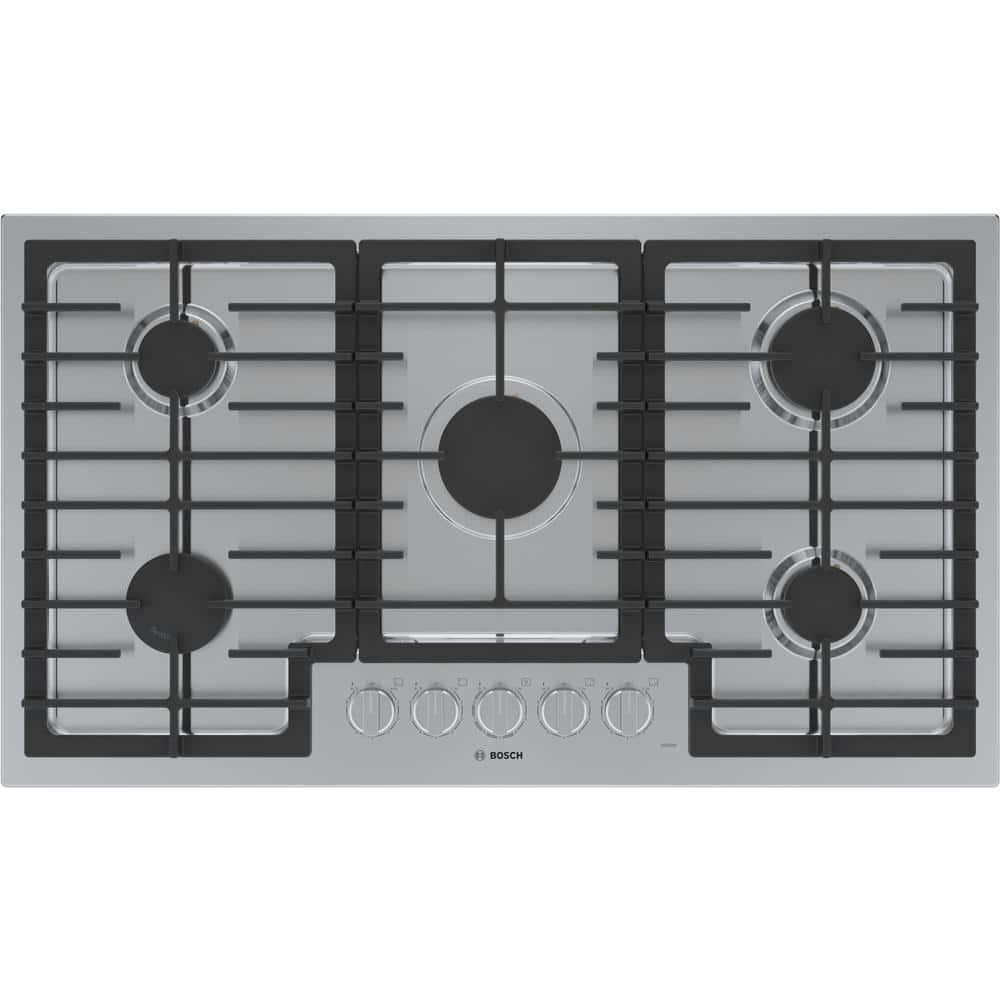 Bosch 500 Series 36 in. Gas Cooktop in Stainless Steel with 5 Burners including 17,000 BTU Burner, Silver
