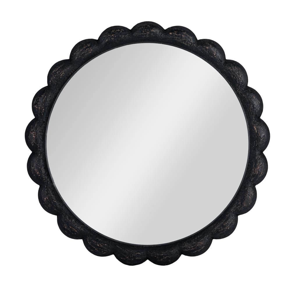 27.75" Round Black Scalloped Wood Wall Mirror