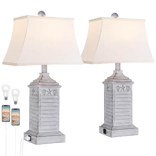 Coastal Resin Table Lamps Set of 2 with USB A and C Ports, 3 Color Temperature, White Linen Shade 24