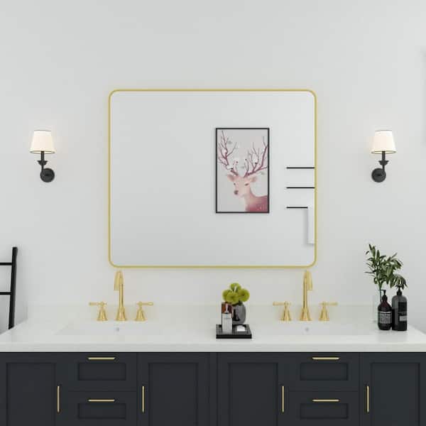 niveal 42 in. W x 36 in. H Rectangular Framed Wall Bathroom Vanity Mirror in Brass