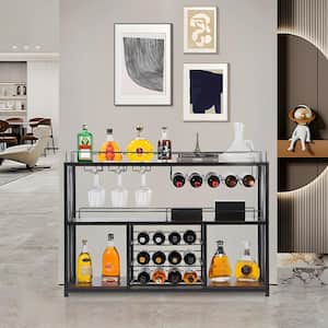 3-Shelf Black Iron Bar Cabinet, Industrial Storage Display Pantry Organizer with Glass Holder and Sliding Wine Racks