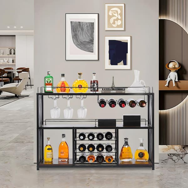 Tileon 3-Shelf Black Iron Bar Cabinet, Industrial Storage Display Pantry Organizer with Glass Holder and Sliding Wine Racks